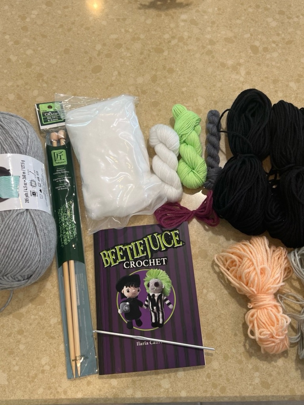 Beetlejuice Crochet Kit with Assorted Yarn - Black, Gray, White, Lime, Peach